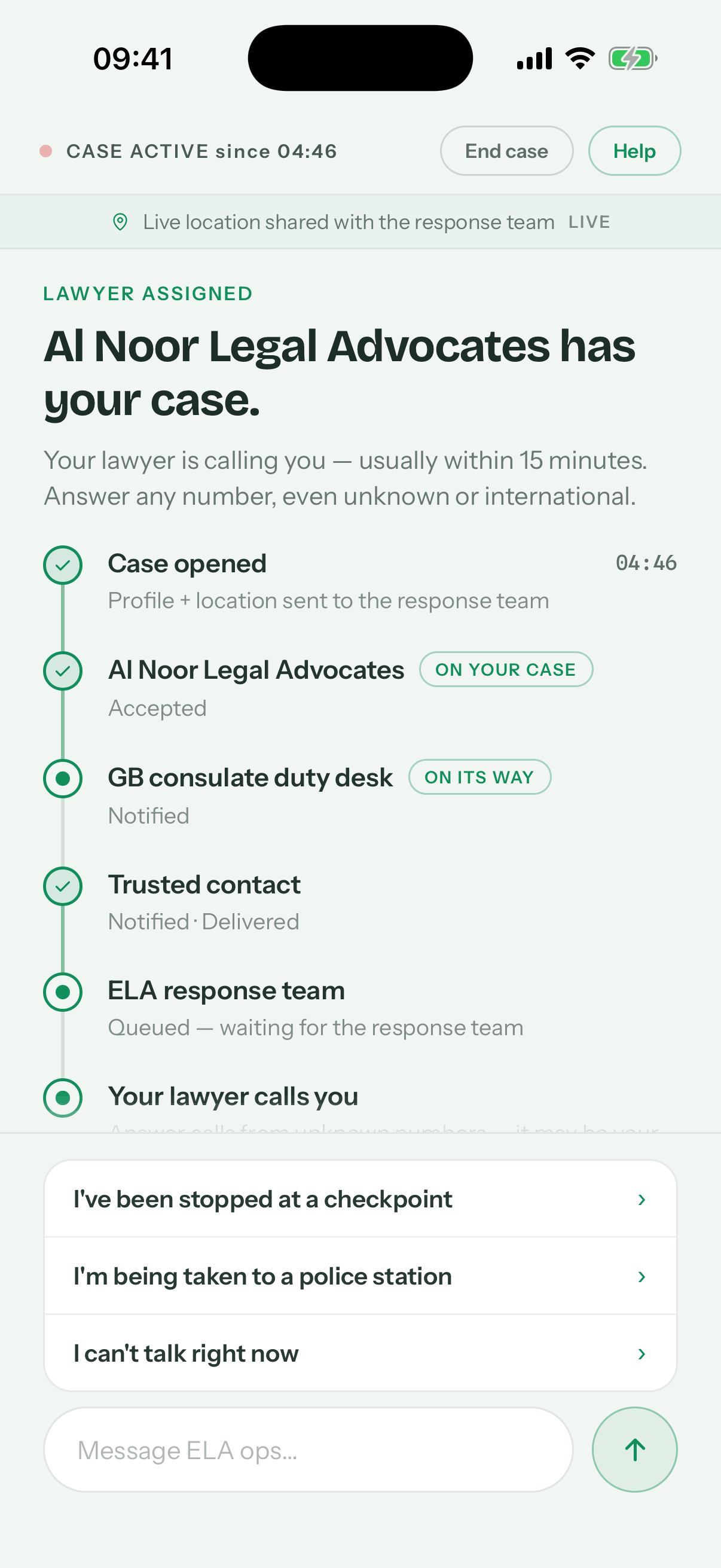 An active ELA case screen: lawyer assigned, a milestone timeline from case opened through consulate notified, and one-tap quick replies