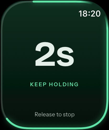 Apple Watch mid-hold: a mint ring closing around the dial, two seconds left, the words keep holding